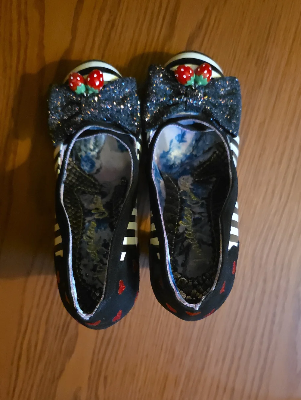 Irregular Choice Black Glitter Bow Strawberry Accent Flats